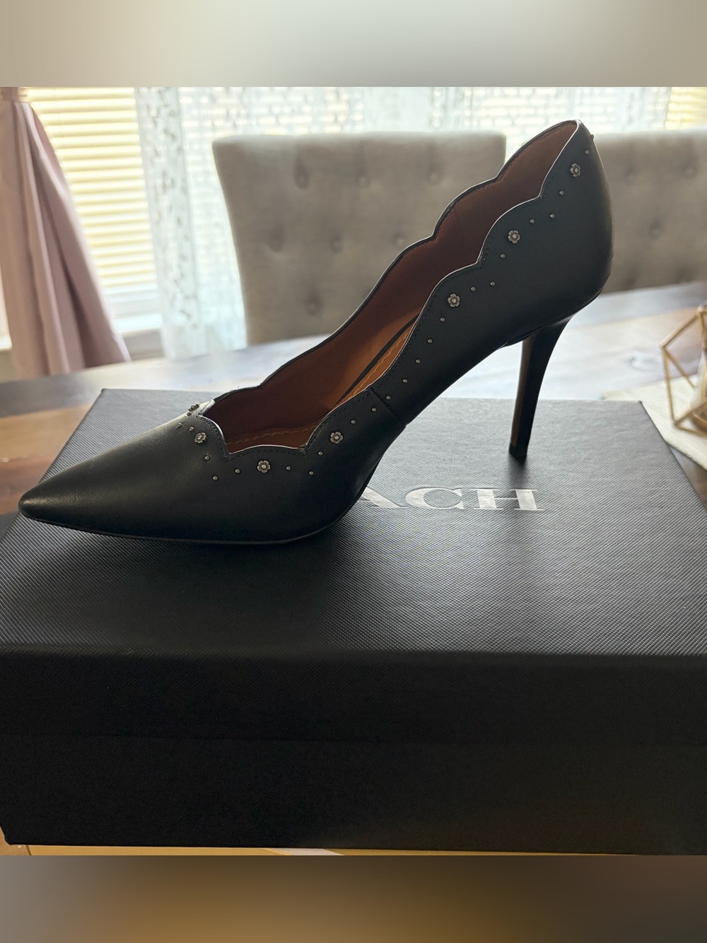 Coach Waverly Black Scalloped Leather Stiletto Pump